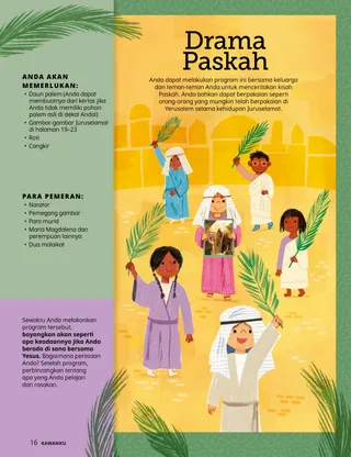 Halaman PDF dengan ilustrasi anak-anak berpakaian gaya zaman Alkitab dan memegang daun palem