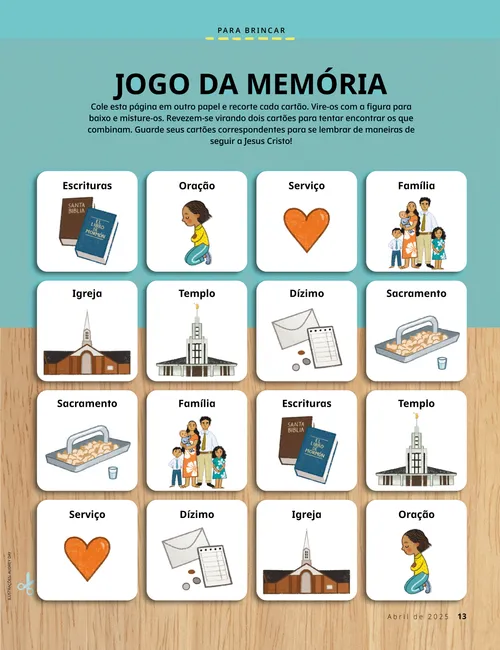 PDF de uma atividade de jogo da memória de maneiras de seguir Jesus Cristo