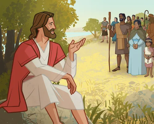 Jesus talking with a group of people.