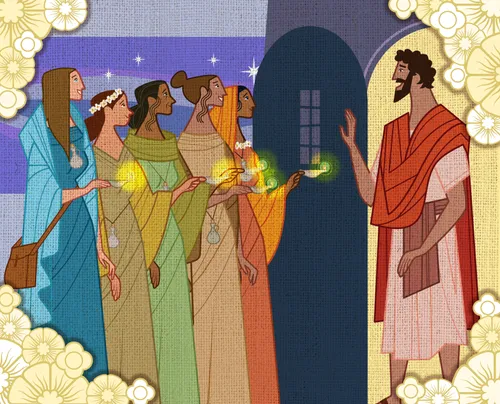 The groom arrives and speaks to the five women who are ready.