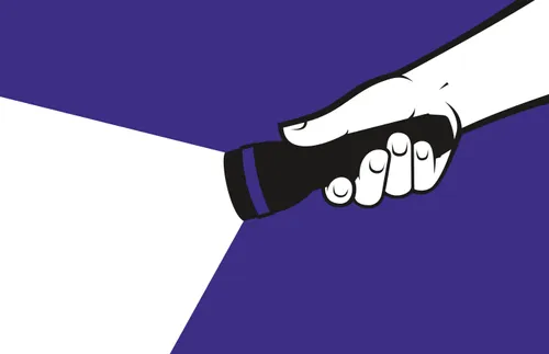 an illustration of a hand holding a flashlight over a purple background