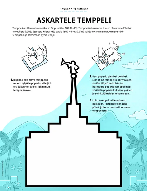 PDF-sivu, jossa on kuva temppelin ääriviivoista ja ohjeet askarteluun, jossa käytetään revittyä paperia