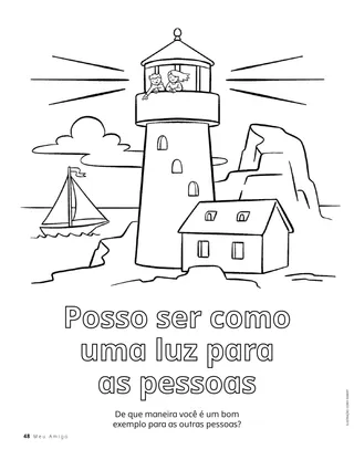Atividade da página para colorir com um farol, uma costa rochosa e um veleiro no oceano