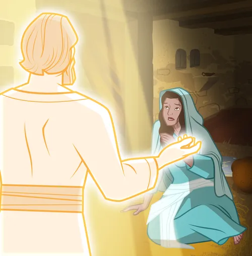 The angel telling Mary that she will have a baby.