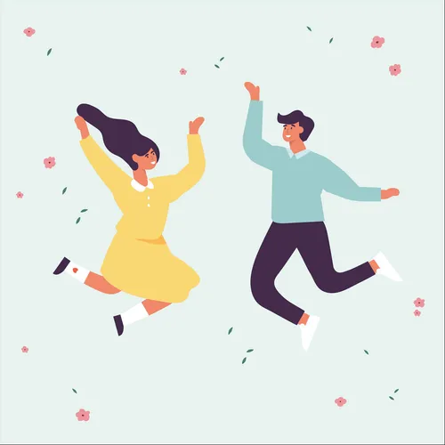 an illustration of a woman and a man jumping for joy