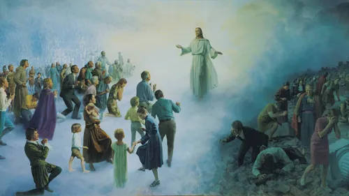 the resurrected Savior stands with arms outstretched while people on His right approach in an attitude of worship and people on His left turn away in anguish