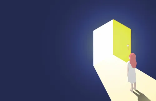 an illustration of a figure standing in a dark room illuminated by light coming in from a door