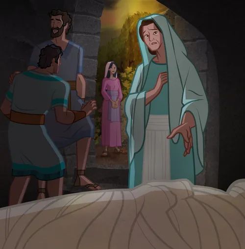 Jesus’s mother and His disciples place His body in a tomb.