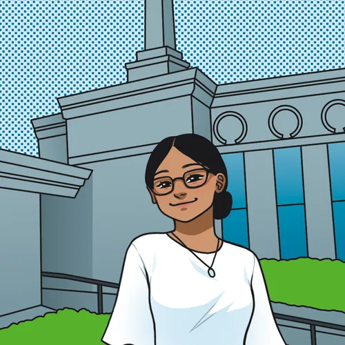 young woman in front of temple