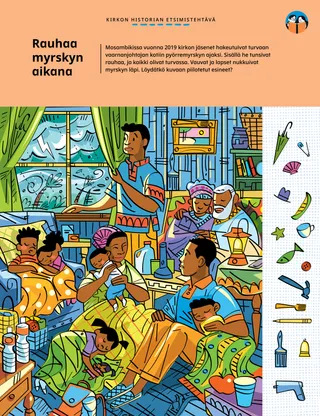 PDF-sivu piilokuvatehtävästä; perheitä nukkuu talossa myrskyn raivotessa ulkona