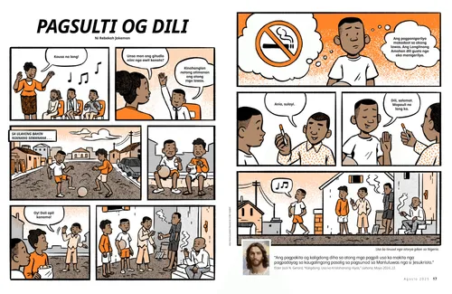 PDF nga pahina sa estilo sa komiks nga istorya diin ang usa ka batang lalaki nagbalibad sa pagsigarilyo bisan gipugos sa iyang mga kaedad