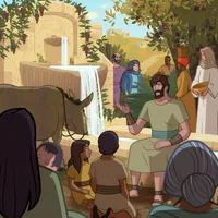 A peaceful scene near a fountain, with Paul teaching people about the gospel.