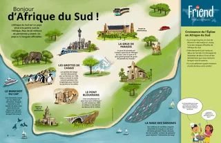 Page au format PDF d’une carte de l’Afrique du Sud avec la faune sauvage et les monuments