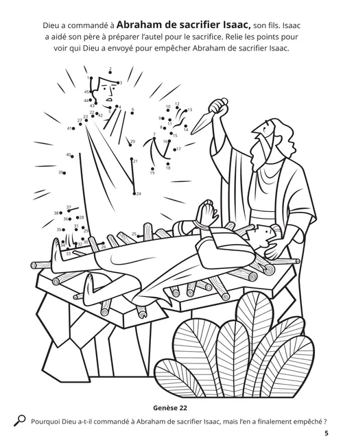 Coloriage au format PDF représentant Abraham prêt à sacrifier Isaac, plus une activité de points à relier