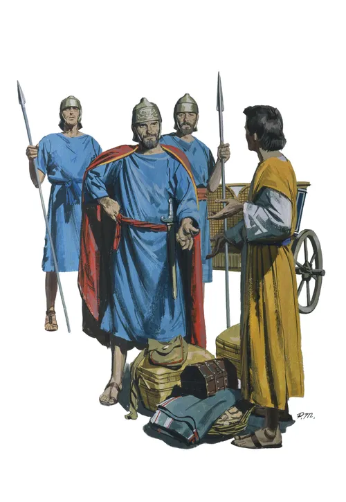 A painting by Paul Mann depicting the disobedience of Elisha’s servant Gehazi, who received money and clothing from Naaman.