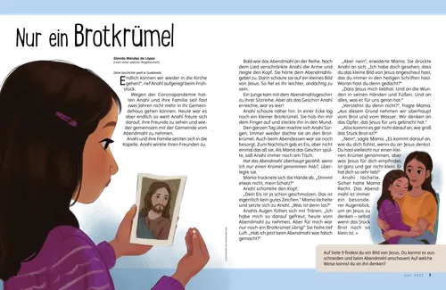PDF: Ein Mädchen hält ein Stückchen Brot in der Hand und schaut ein Bild von Jesus Christus an; dasselbe Mädchen auf dem Schoß seiner Mutter