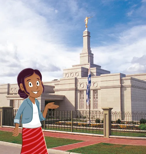 Margo standing in front of temple in Uruguay