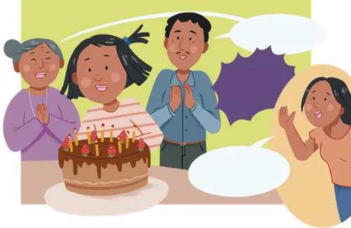 Beatrice and her family with a birthday cake