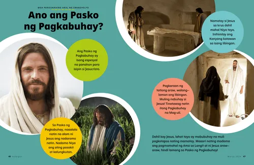 Pahina ng PDF na may mga larawan ni Jesucristo na nakangiti, nagdarasal sa Halamanan ng Getsemani, ang libingang walang laman, at ang nabuhay na mag-uling si Jesus na nagpapakita kay Maria