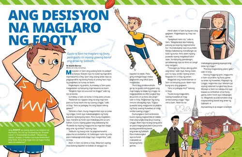 Pahina ng PDF na naglalarawan sa batang lalaki na nagkakamot ng kanyang ulo, naglalaro ng footy, nagdarasal sa kotse, at naglalakad papunta sa simbahan kasama ang kanyang pamilya