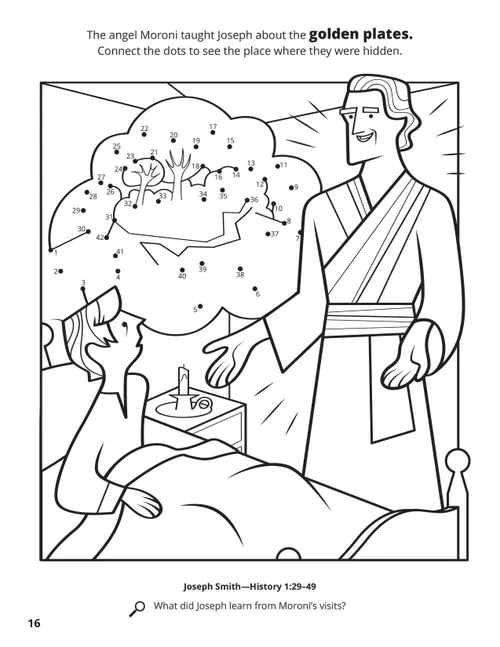 A line image of Moroni visiting Joseph Smith Jr. in the night with a connect the dots game revealing where the golden plates are hidden.