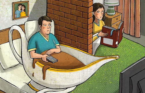 husband in a gravy boat while wife reads a book, with a wall between them