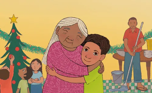 An illustration of a boy hugging his grandma, children around a Christmas tree, and a man with a mop