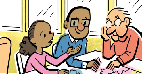 daughter and father doing jigsaw puzzle with old man