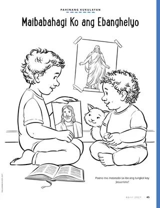 coloring page of boy showing picture of Jesus