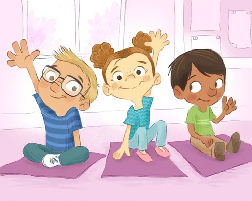 Children sitting on floor and raising their hands