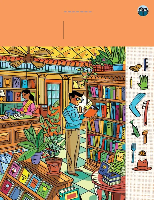 Man in a bookstore looking at a pamphlet inside a book