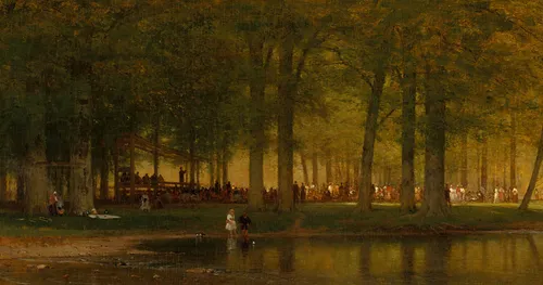 Painting depicts Joseph Smith meeting with saints outdoors under the cover of trees and near a pond in a camp meeting.