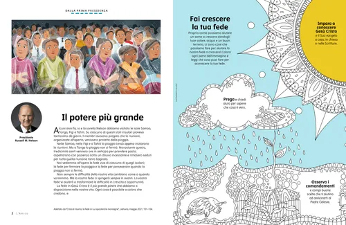 PDF della pagina con un’illustrazione di persone sedute sotto la pioggia; più un’attività in cui colorare i semi che vengono irrigati
