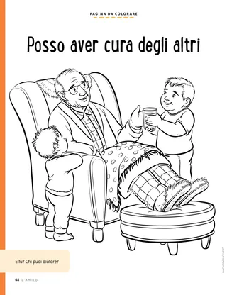 coloring page of boy giving drink to grandpa