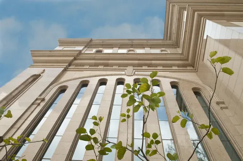 A view of the Hong Kong China Temple, looking up from the ground past small green leaves on a tree branch.