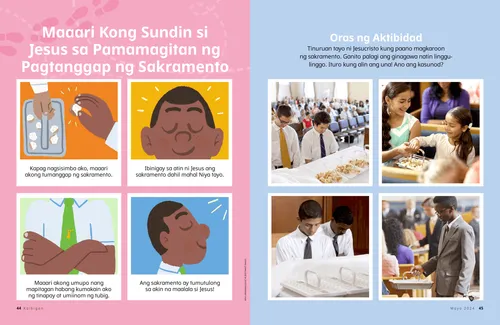 PDF na pahina ng sacrament tray, batang nakangiti, at kamay na nakahalukipkip; at isang sacrament order activity