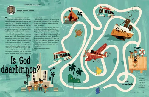 Pdf van een doolhof met illustraties van een gezin dat met verschillende vervoersmiddelen naar de tempel reist