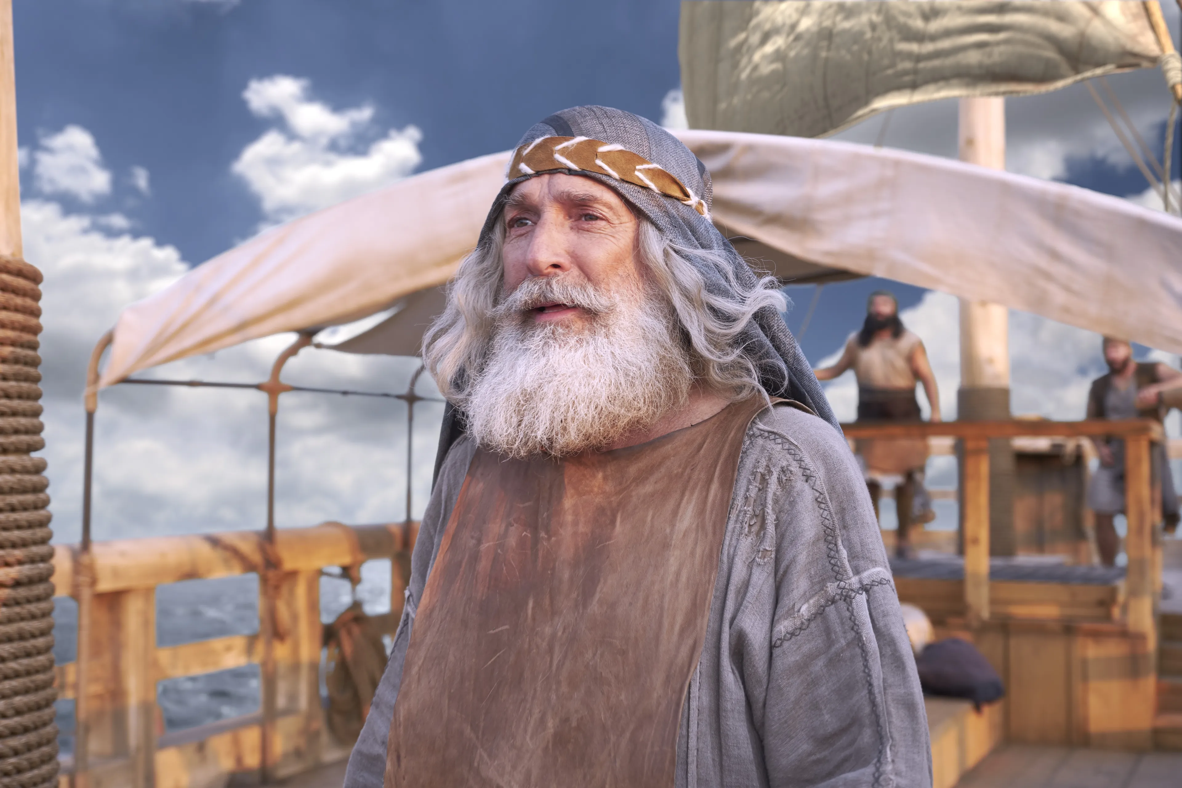 Lehi stands on the ship's deck and sees the promised land.