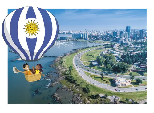 Margo and Paolo riding a hot air balloon above Uruguay