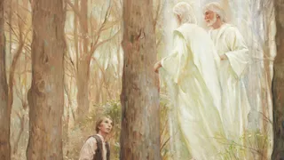 Painting of the first vision by Walter Rane.  The Father and Son appear to Joseph Smith in the sacred grove.