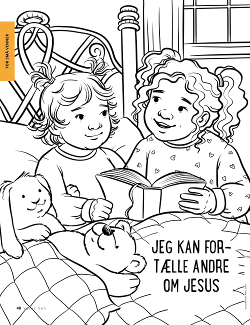 PDF med malebogsside af en pige, der læser skrifterne for en yngre pige i sengen