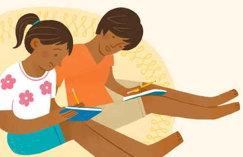 a girl and her mom writing in a journal together