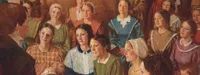 Painting depicts Joseph (seen in profile wearing a black/brown coat and a white shirt and holding a book in his right hand) speaking to a large group of women.  There are five women seated in the front row, six women in the second row, three women in the third row and four figures standing in the back that are only partially visible.   From left to right front row:  a Woman in a pale yellow plaid dress, brown center parted hair holding a child; and woman in a blue dress with a large white collar and a ringlet hairstyle; a woman in a green dress with pink under-sleeves leaning slightly forward; and woman in a yellow chevron striped dress with a white cap, woman in a dark dress and a white tiered lace collar with brooch and a ringlet-braid hairstyle.From left to right second row a woman in a green floral dress with a brown centered parted hair with a hand on her shoulder; a woman with a green floral dress with white collar and cap; a woman in a coral colored stripped dress with a cap far back on her head; and woman in a blue print dress with small white lace collar; a woman in a tan floral dress with light brown ringlets; and a woman in a pink dress with a small boy on her lap. Third row from left to right: a woman in a yellow stripped dress with a white inset and brooch, a woman in a pale blue dress with center parted hair and a woman in an orange/pink dress with a cap.  Standing are a figure in blue (arm only ) a woman in a brown dress with red cuffs(hand on the shoulder of the woman seated in front of her) and woman in a olive colored dress with a green stripe and a figure in a red dress. Lower red corner reads, "Walter Rane" in red.