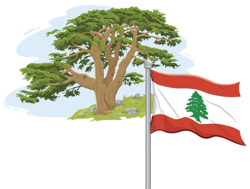 Illustrations of the Cedars of Lebanon, the Lebanon flag, and a cityscape of Beirut, Lebanon.