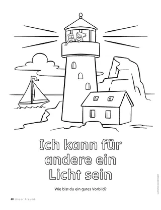 Ausmalbild von einem Leuchtturm, einem felsigen Ufer und einem Segelboot im Ozean