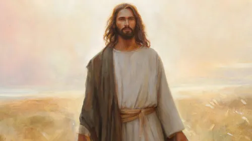 Jesus Christ walking in a field of grass with light shining off of him