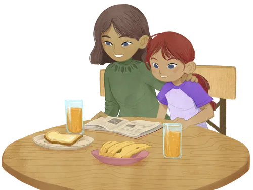 girl reading Church magazine with mom