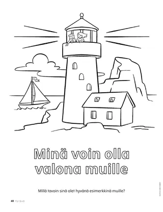 Värityskuvatehtävä: majakka, rantakallio ja purjevene valtamerellä