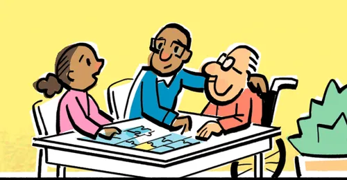 daughter and father doing jigsaw puzzle with old man