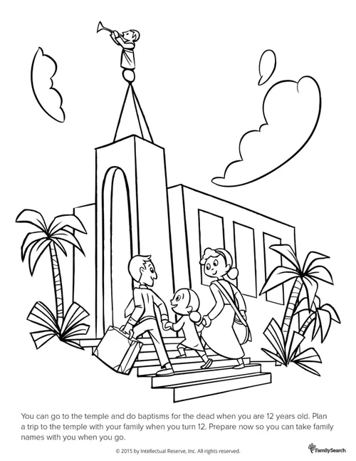 A black-and-white drawing of a father and mother holding hands with their daughter as they walk up the temple stairs together.